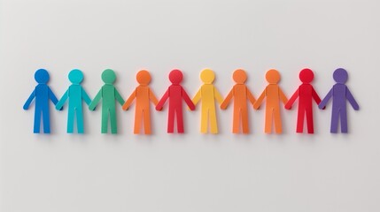 Fototapeta premium Colorful paper people holding hands in a row.