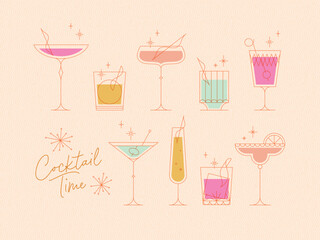 Cocktails time set with glasses drawing in retro style on beige background