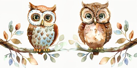 Fototapeta premium Owls are shown in a row, each with a different color, watercolor illustration on white background