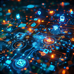 Obraz premium A colorful image of a computer network with many icons and symbols. Concept of a complex and interconnected system, with each icon representing a different aspect of technology or communication