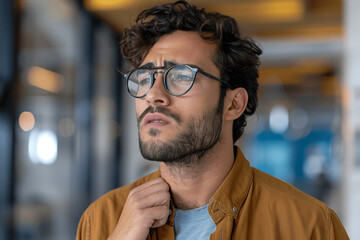 Obraz premium Young Arab Man with Chest Pain and Breathing Difficulty in Modern Office or Hospital