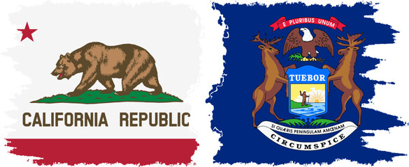 Michigan and California states grunge brush flags connection vector