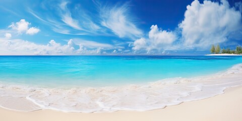 Fototapeta premium Beautiful sandy beach with sea ocean landscape background. Tropical exotic vacation relaxing scene view