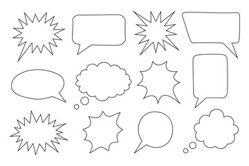 Black and white collection of hand drawn speech bubbles doodle set of design elements. Vector illustration.