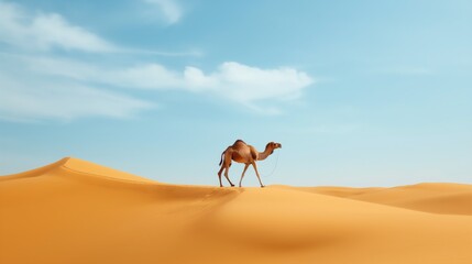 Camel walking through desert sand dunes under blue sky.
