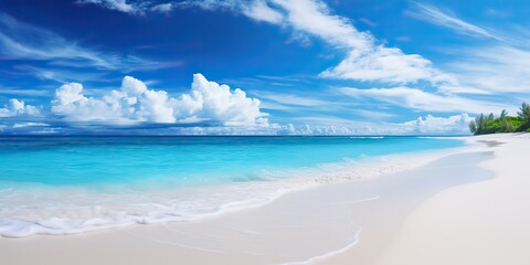 Fototapeta premium Beautiful sandy beach with sea ocean landscape background. Tropical exotic vacation relaxing scene view