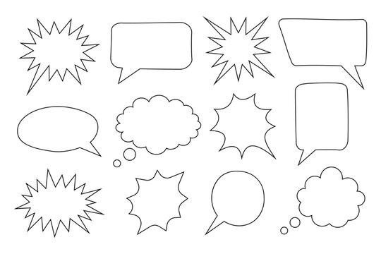 Black and white collection of hand drawn speech bubbles doodle set of design elements. Vector illustration.
