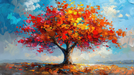 Elegant colorful tree with vibrant leaves hanging branches illustration background. Bright color 3d abstraction wallpaper for interior mural painting wall art decor. Ai	