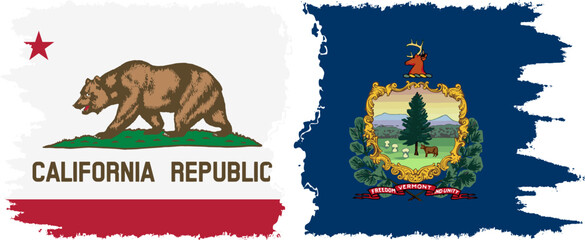 Vermont and California states grunge brush flags connection vector