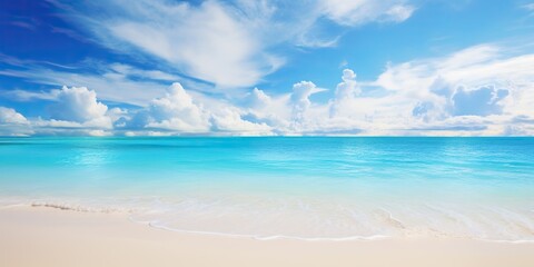 Fototapeta premium Beautiful sandy beach with sea ocean landscape background. Tropical exotic vacation relaxing scene view