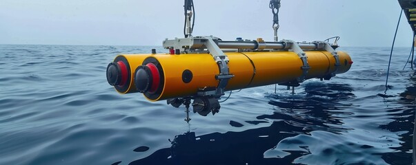 Autonomous Underwater Vehicle In Ocean. A yellow autonomous underwater vehicle is suspended over the ocean, preparing for a dive.