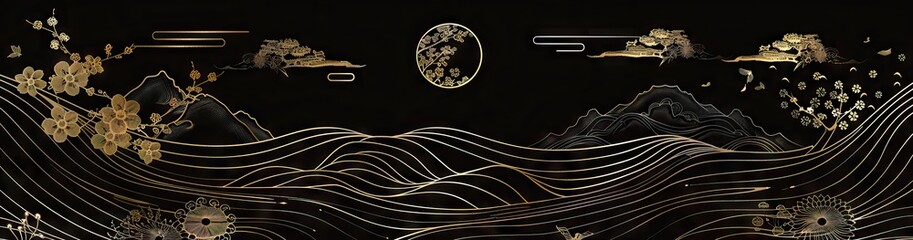 Mountain line art background, luxury gold wallpaper design for cover, invitation background, packaging design, wall art and print. AI generated illustration