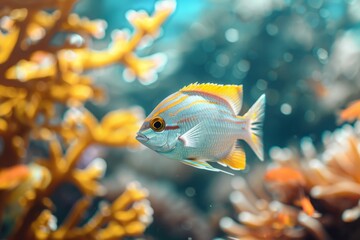 Fototapeta premium A fish is swimming in a tank with a yellow and orange coral