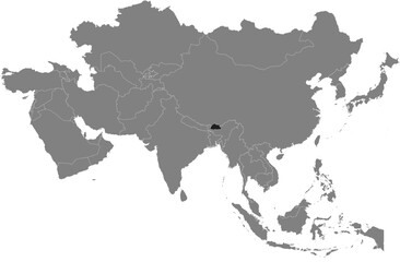 Fototapeta premium Highlighted black map of BHUTAN inside dark grey detailed blank political map of Asia using orthographic projection on transparent background, without Russia