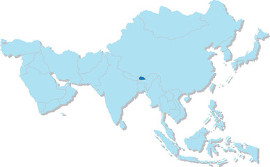 Highlighted blue map of BHUTAN inside light blue 3D blank political map of Asia orthographic projection on transparent background, without Russia