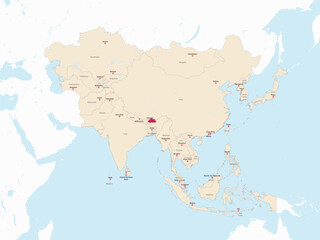 Highlighted red map of BHUTAN inside light red detailed political map of Asia using orthographic projection on white and blue background