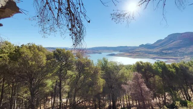Video of a view of nature water reserve forest in Spain, lake Embalse del Guadalhorce by Campillos, Malaga.