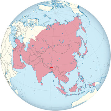 Highlighted red map of BHUTAN inside red detailed blank political map of Asia using orthographic projection of the Globe