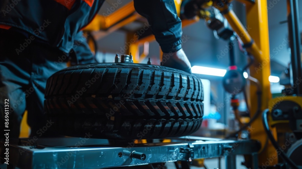 Poster a mechanic is holding a tire in a factory setting, likely preparing it for installation or repair.