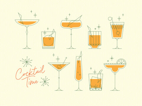 Cocktails time set with glasses drawing in retro style on yellow background