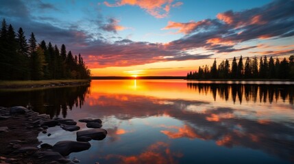 Obraz premium Sunset reflections over calm lake waters.