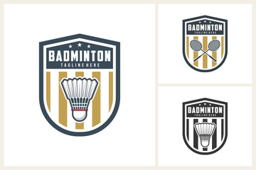 Badminton logo template emblem style. badminton vector illustration suitable for sports club emblems, academy, competitions, championships, tournaments, t-shirt designs, sticker etc.
