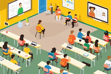 A classroom with students and teachers participating in a hybrid learning session.