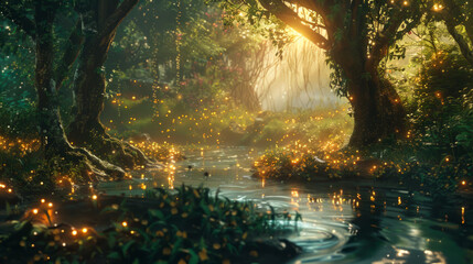 a beautiful forest background, elf living, river, mystery cozy lighting.