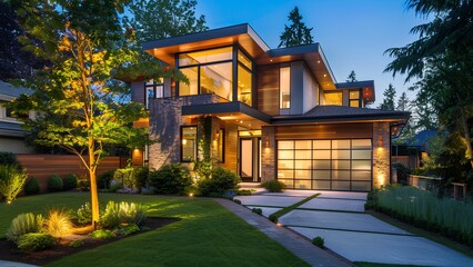 Fototapeta premium Luxurious Modern Home at Night: Illuminated Windows, Elegant Entrance, and Lush Landscaping