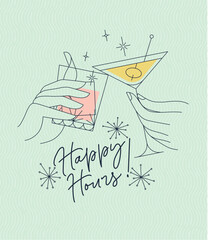 Poster clinking glasses with lettering happy hours drawing with color on green background