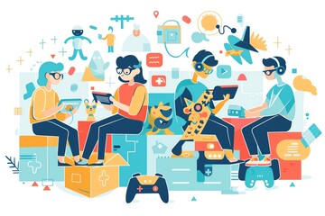 A diverse group of young people use technology in a vibrant and playful setting.  Surrounded by icons of digital innovation.