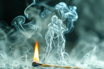 lit matchstick and smoke forming a dancing couple