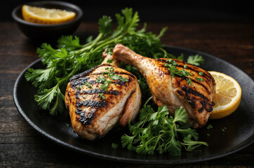 Roasted chicken legs lying on black plate with fresh herbs and lemon slices