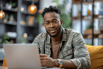 Focused male entrepreneur working on laptop, taking notes, and having an online business meeting in a modern office