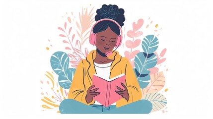 A young woman with headphones reads a book surrounded by colorful foliage.