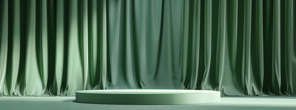 The circular podium, surrounded by luxurious emerald curtains, provides a sophisticated venue for events, showcasing artistic arrangements and stylish backdrops to create a graceful setting
