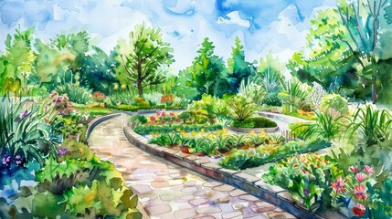 Obraz premium Community garden built on reclaimed wasteland, green revival, hopeful and lush, vibrant watercolor