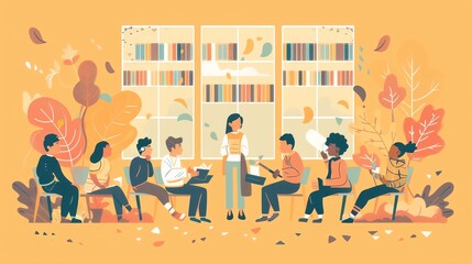 Diverse group of people listening to a speaker in a library setting.