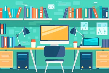 Modern office workspace with two desks, computers, bookshelves, and office supplies.