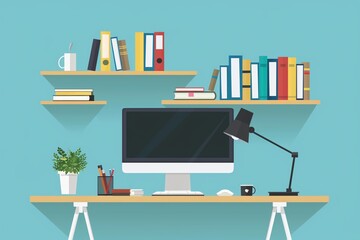 Modern minimalist home office workspace with computer, lamp, books and shelves.