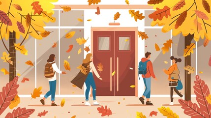 Students walk into a school building on a fall day.  Falling leaves surround the entrance.