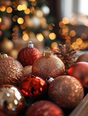 Close-up of red and gold Christmas ornaments with festive bokeh lights.