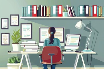 Woman working at a computer desk in a home office with books, plants and a lamp.