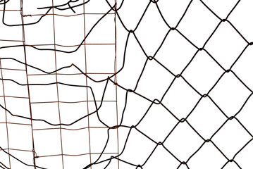 The texture of the metal mesh on a white background. Torn steel, metal mesh with holes