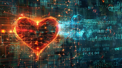 Obraz premium AI matchmaking interface in action, abstract digital art with heart symbols and binary code, modern style