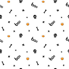 Halloween seamless pattern with bones, skulls, other holiday symbols. Vector illustration, wrapped paper, background and texture in flat doodle style, isolated.