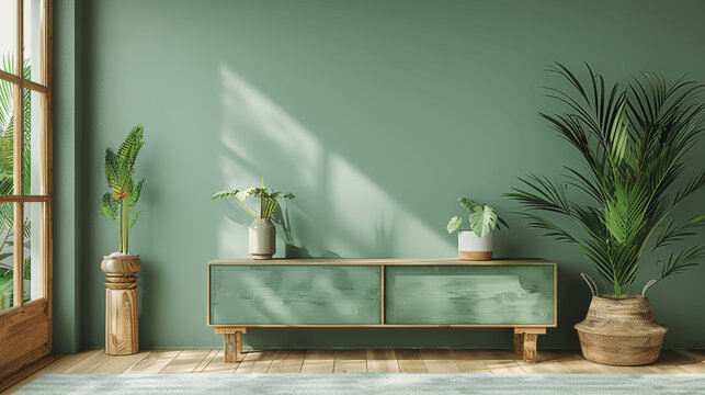 Modern minimalist living room with green cabinet for TV and decor accessories, green wall background - 3D rendering