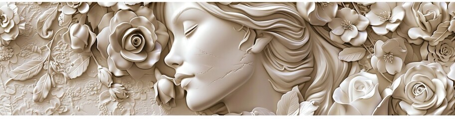 Beautiful Stone color 3D relief floral wallpaper with a female face. Mural wallpaper. Wall art. AI generated illustration.