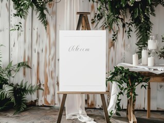a large oversized white blank welcome sign resting on a wooden easel, inside a wedding venue