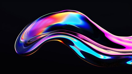 Holographic liquid blob, wavy and bold, displaying iridescent colors, isolated on a black background, looks like a melted, reflective, and vibrant substance